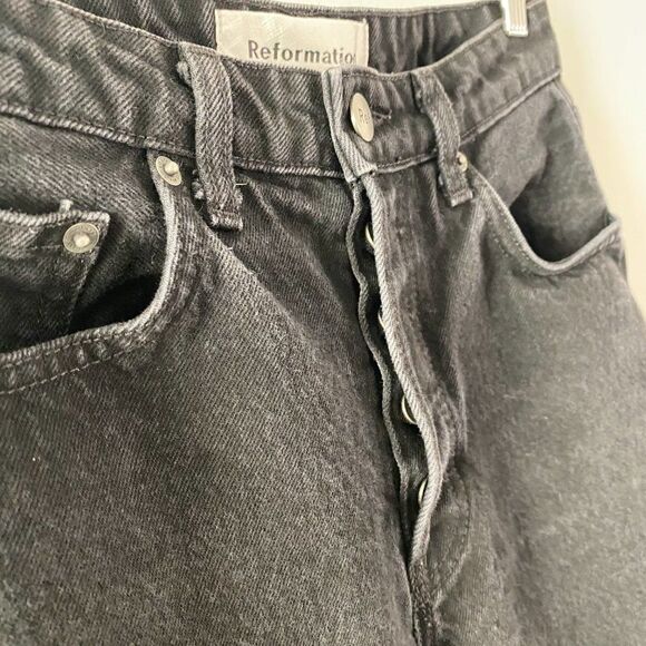 Reformation Denim Skinny French High Rise Button Fly Charcoal Black in Thames 26 - Picture 3 of 11